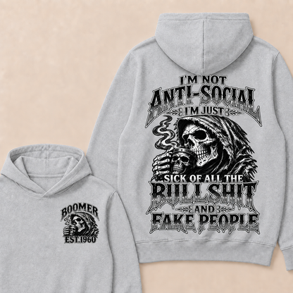 Custom EST.Year I'm Not Anti-Social I'm Just Sick Of All The Bullshit And Fake People – Boomer Vintage Skull Graphic Hoodie