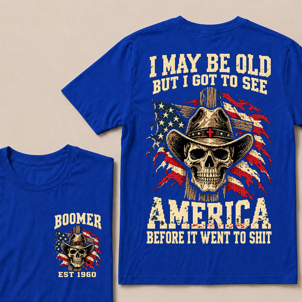 Vintage Western Cowboy Skull T-Shirt | Cross Hat & American Flag "I May Be Old" Graphic Tee