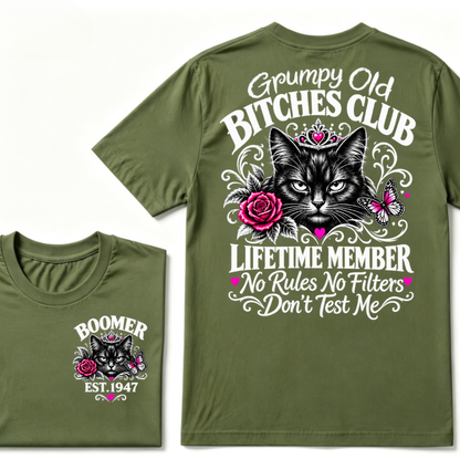 Boomer EST.Year Grumpy Old Club Crown Cat Rose Butterfly Sarcastic Graphic T-Shirt