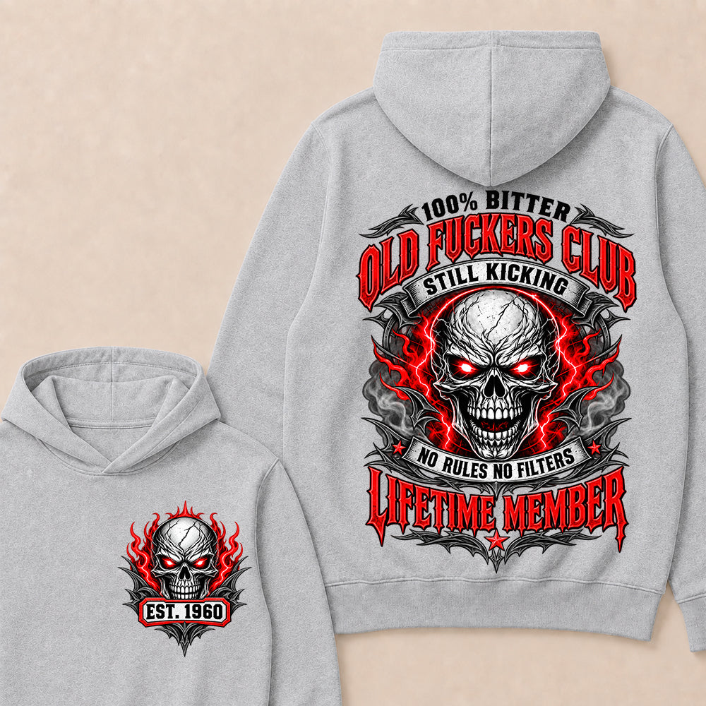 100% Bitter Old Fuckers Club Lifetime Member – Custom EST.Year Red-Eyed Skull Graphic Hoodie