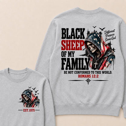 Black Sheep Of My Family Romans 12:2 EST.Year American Flag Skull Print Sweatshirt Christian Faith Vintage Graphic Sweatshirt