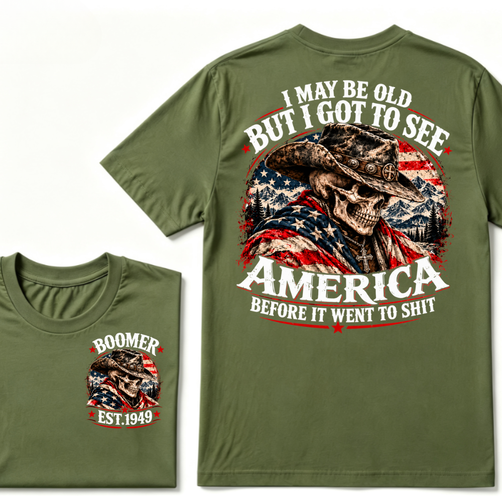 Boomer EST.Year Cowboy Skull American Flag I May Be Old But I Got To See America Vintage Graphic T-Shirt
