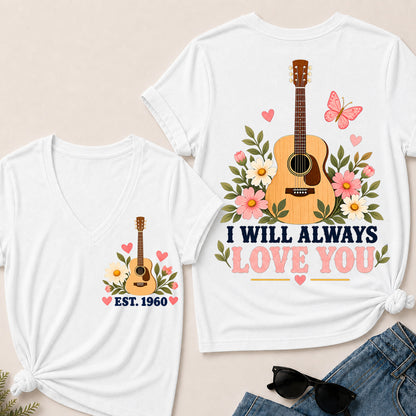 I Will Always Love You – Custom EST.Year Floral Acoustic Guitar Women’s V-Neck T-Shirt