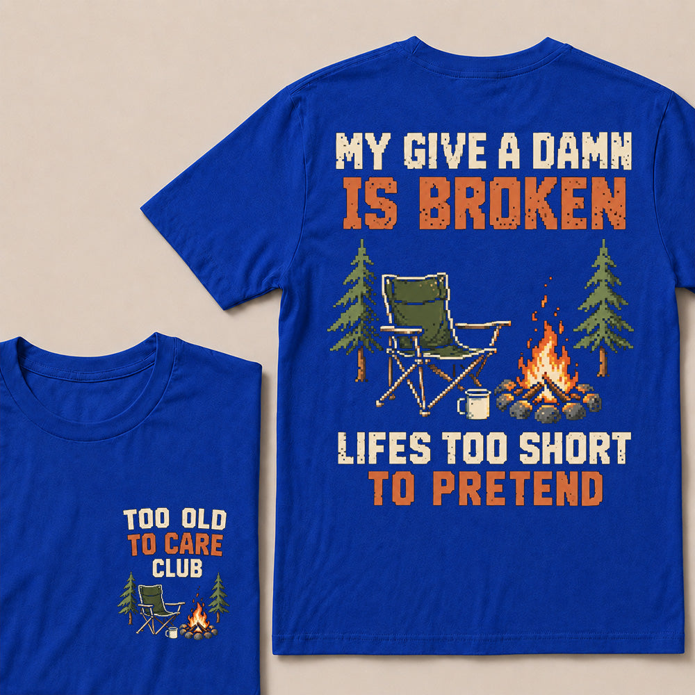 Retro Pixel Campfire & Chair T-Shirt | "My Give A Damn Is Broken" Funny Camping Tee