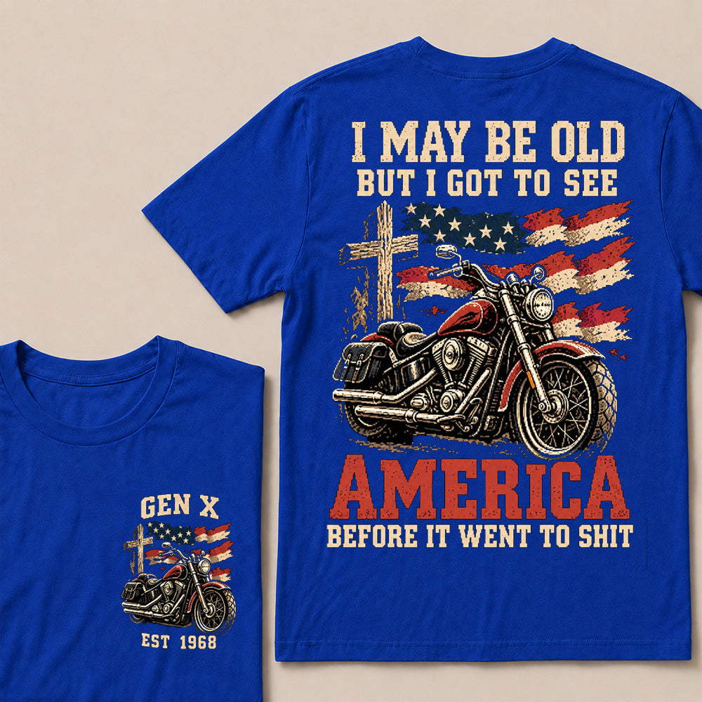 Vintage American Motorcycle & Cross T-Shirt | Patriotic Biker "I May Be Old" Graphic Tee