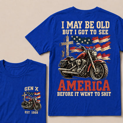 Vintage American Motorcycle & Cross T-Shirt | Patriotic Biker "I May Be Old" Graphic Tee