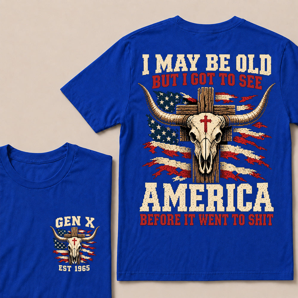 Retro Western Cow Skull & Cross Tee | Distressed American Flag Patriotic Graphic T-Shirt