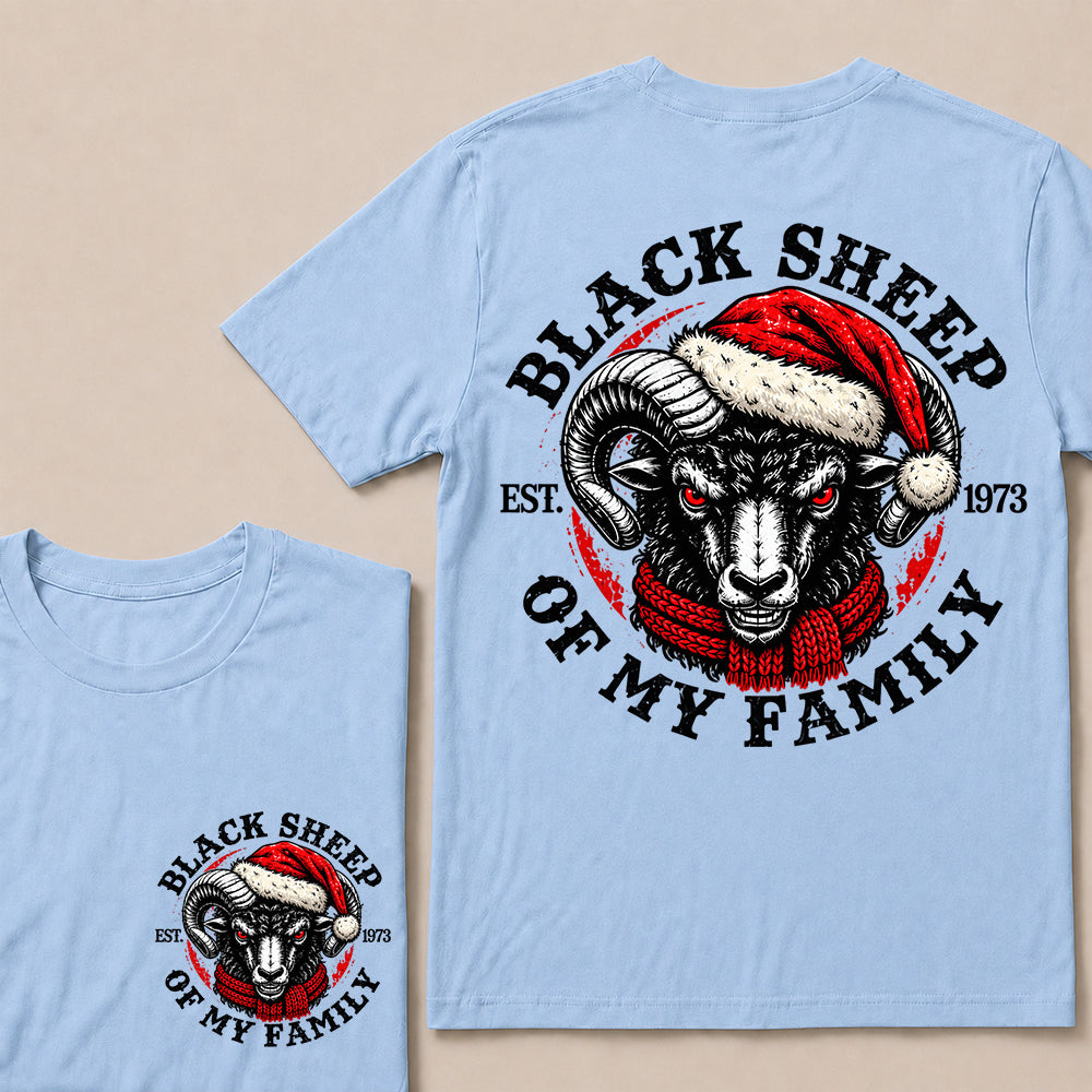 Black Sheep of My Family – Custom EST. Year Christmas Ram & Red Scarf Graphic T-Shirt