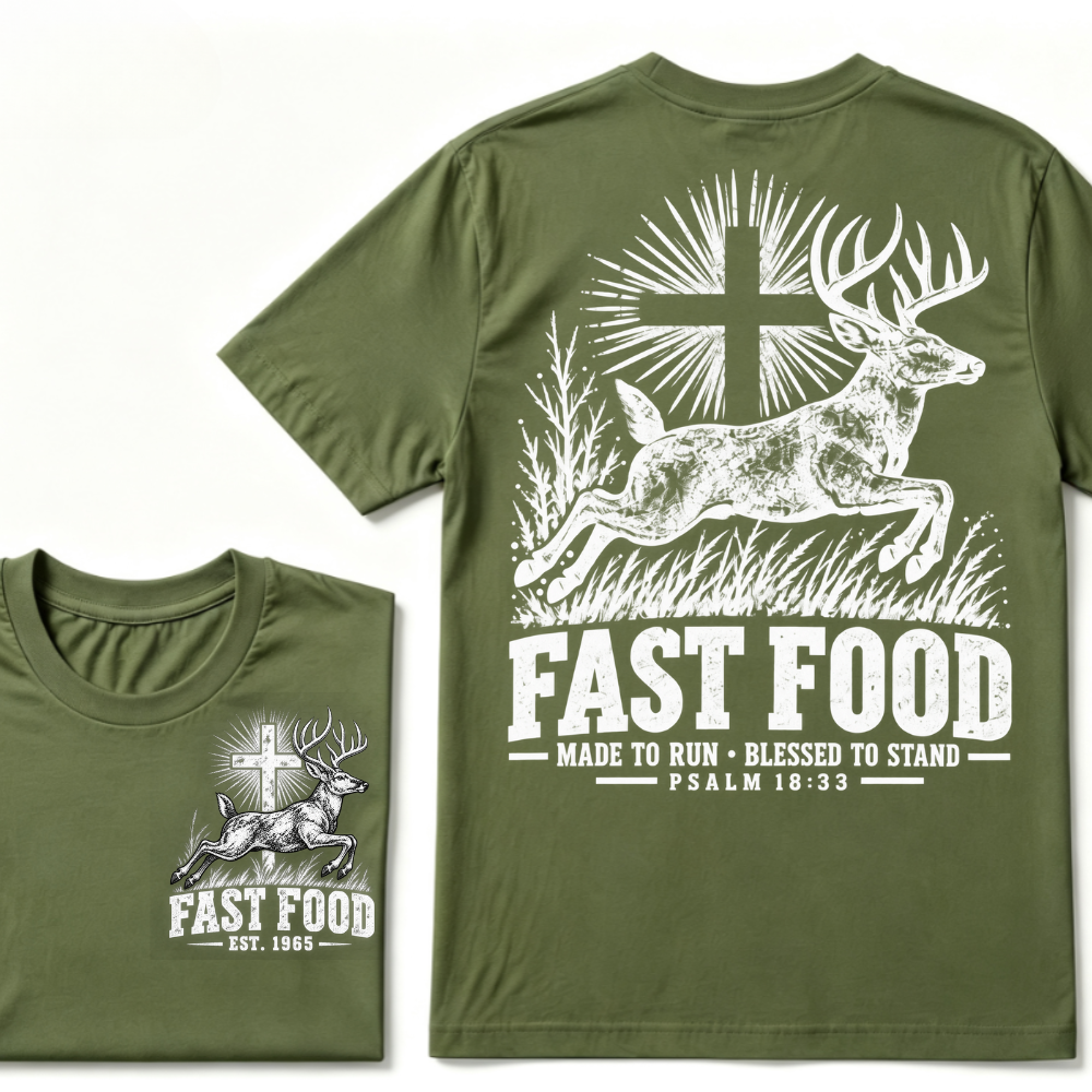 EST.Year Fast Food Made To Run Blessed To Stand Psalm 18:33 Deer Cross Hunting T-Shirt