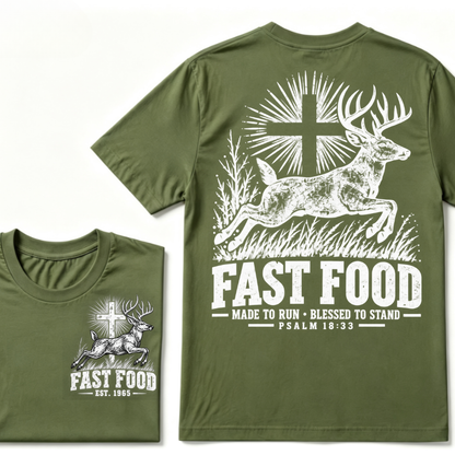 EST.Year Fast Food Made To Run Blessed To Stand Psalm 18:33 Deer Cross Hunting T-Shirt