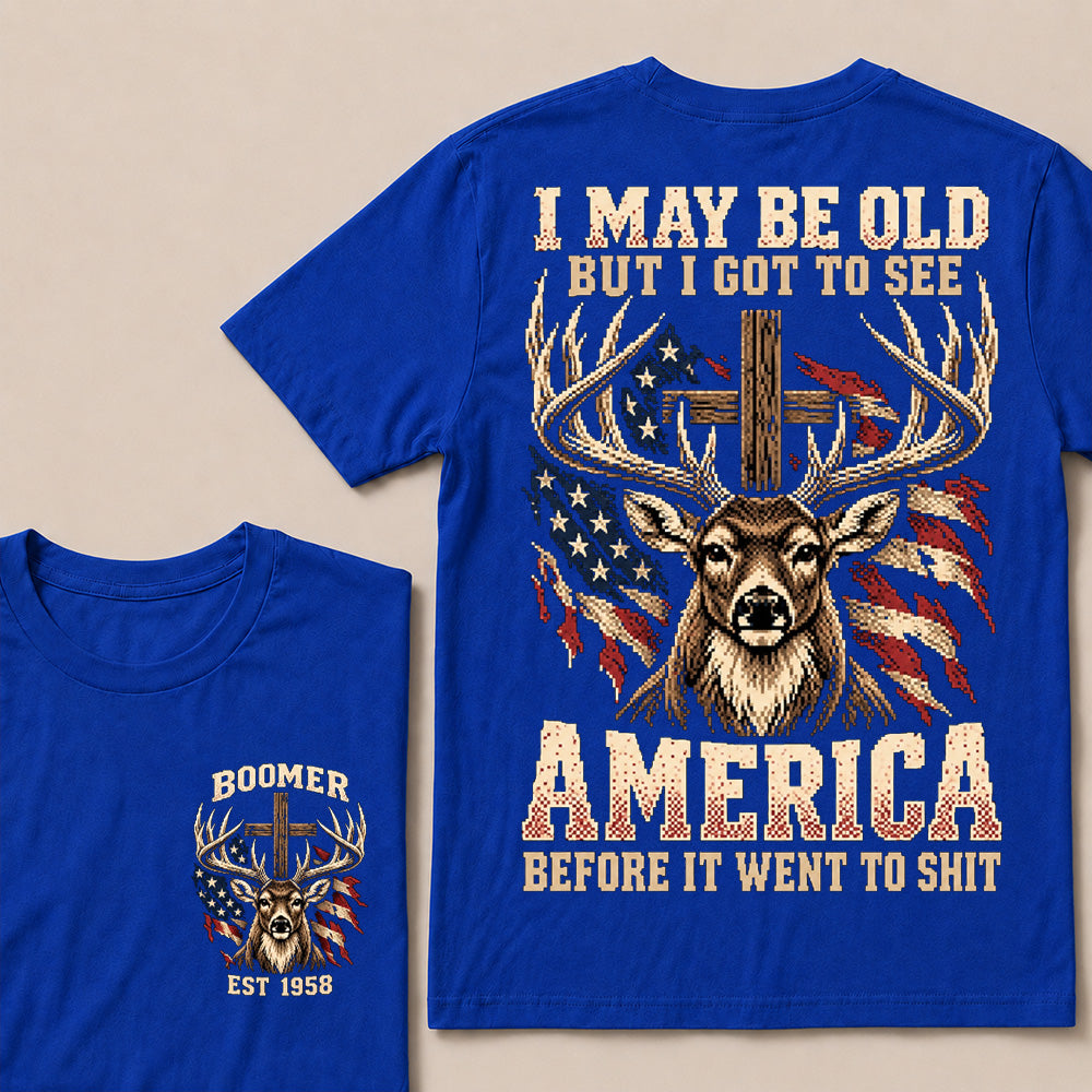 Retro Pixel Buck Deer & Cross T-Shirt | Patriotic Hunting "I May Be Old" Graphic Tee