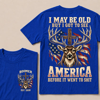 Retro Pixel Buck Deer & Cross T-Shirt | Patriotic Hunting "I May Be Old" Graphic Tee