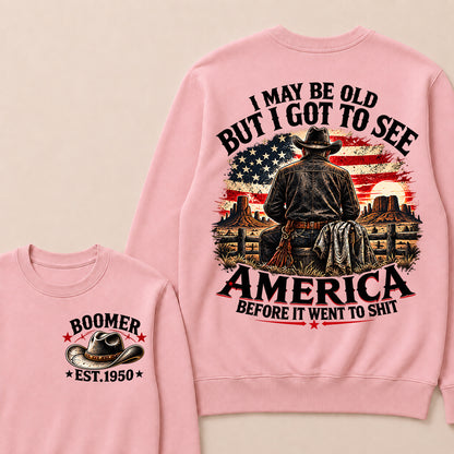 Boomer Custom Year Crewneck, Vintage Western Cowboy Graphic Tee, "I May Be Old But I Got To See America" Back Print
