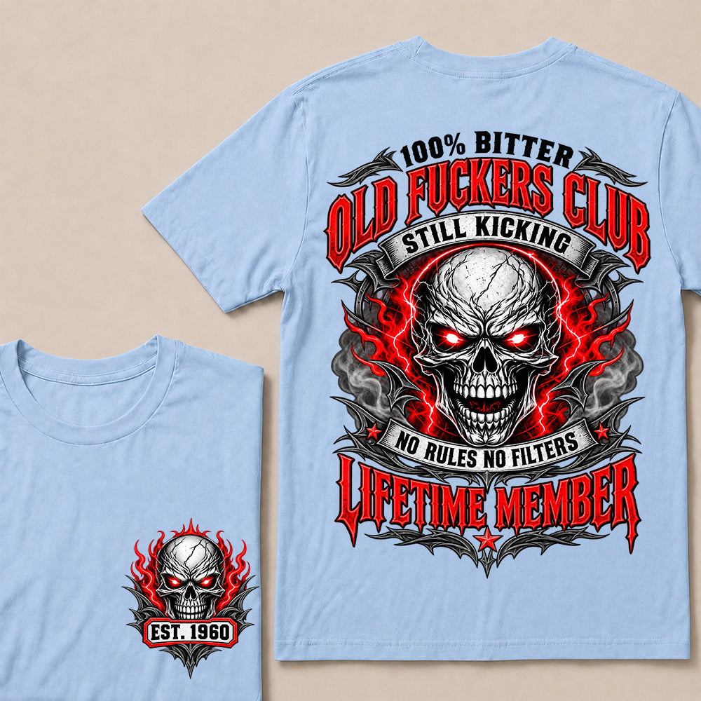 100% Bitter Old Fuckers Club Lifetime Member – Custom EST.Year Red-Eyed Skull Graphic T-Shirt