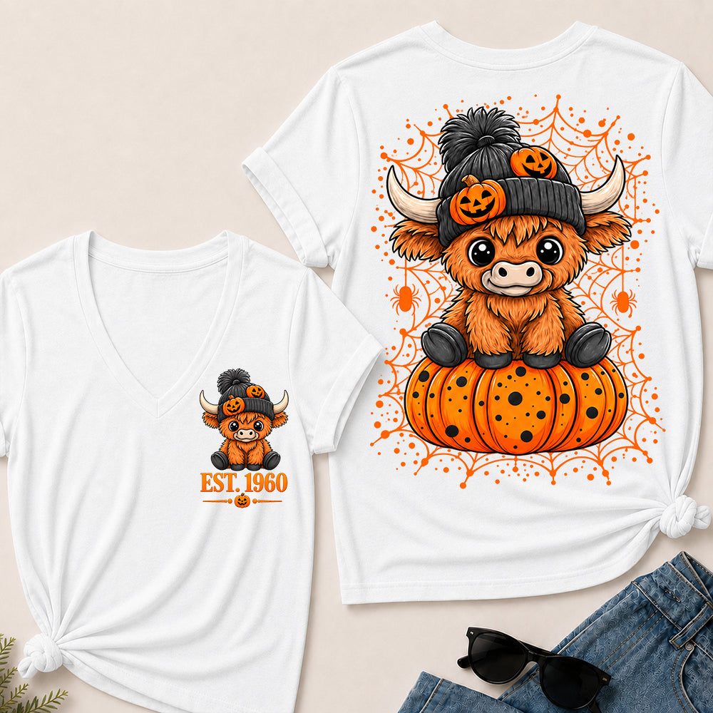 Custom EST.Year Cute Halloween Highland Cow & Pumpkin Women’s V-Neck T-Shirt