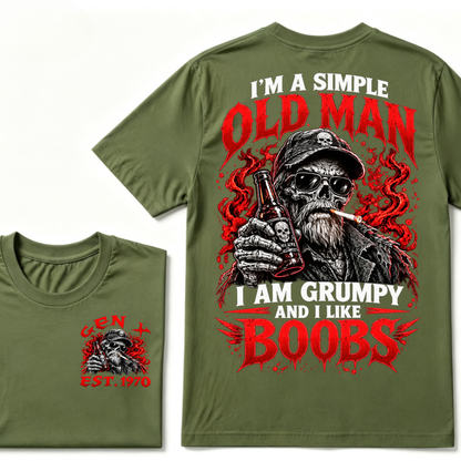 "I'm A Simple Old Man, I Am Grumpy And I Like Boobs" – GEN X EST.1970 Skull & Beer Graphic Tee