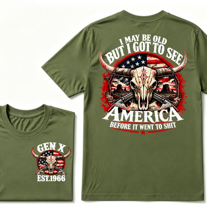 Gen X EST.Year I May Be Old But I Got To See America Longhorn Skull Western American Flag Graphic T-Shirt