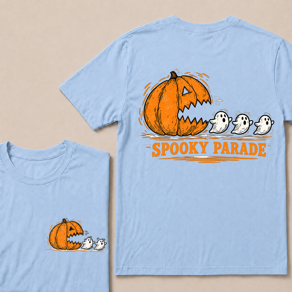 Spooky Parade – Vintage Halloween Pumpkin & Ghosts Graphic T-Shirt