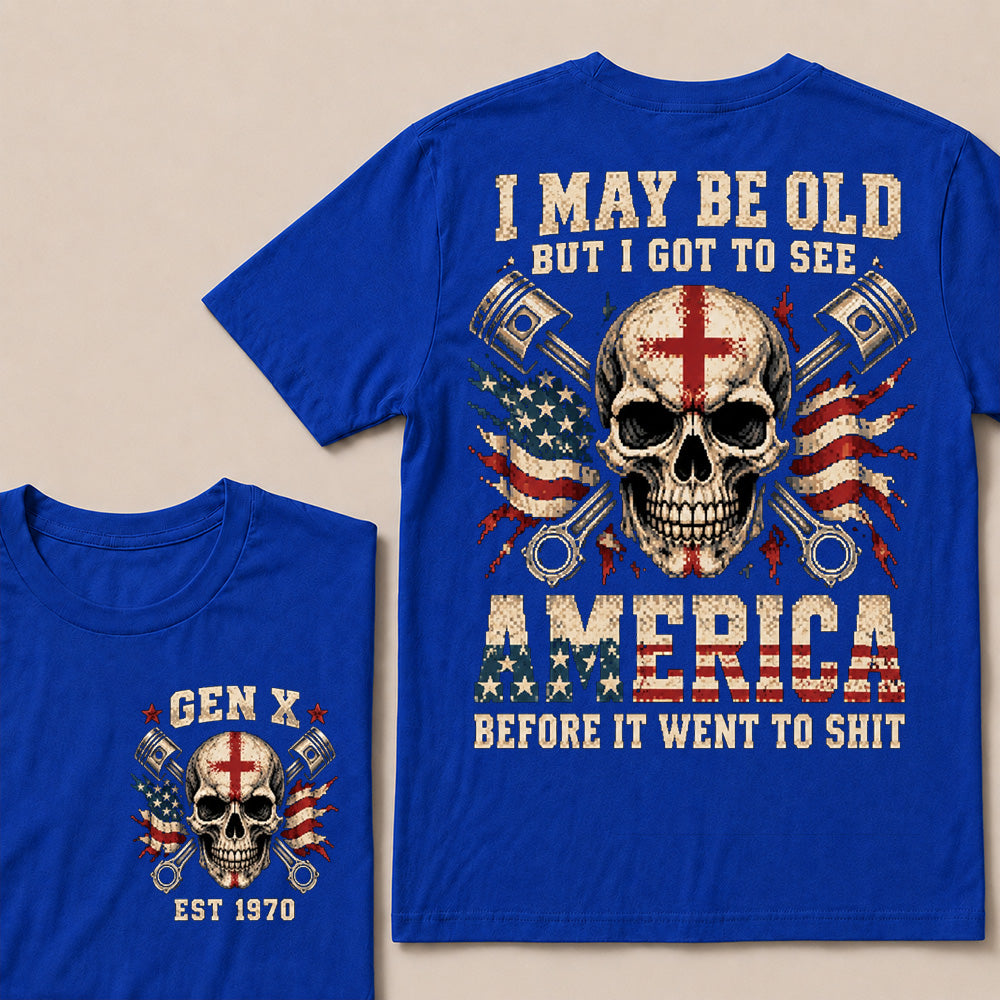 Retro Pixel Crossed Pistons & Skull T-Shirt | Patriotic Biker "I May Be Old" Graphic Tee