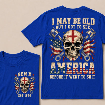 Retro Pixel Crossed Pistons & Skull T-Shirt | Patriotic Biker "I May Be Old" Graphic Tee