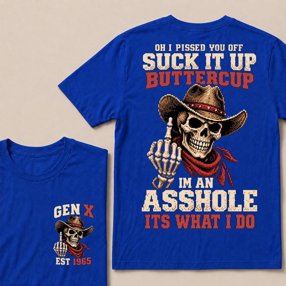 Retro Pixel Cowboy Skull Graphic Tee | "Suck It Up Buttercup" Gen X Sarcastic T-Shirt