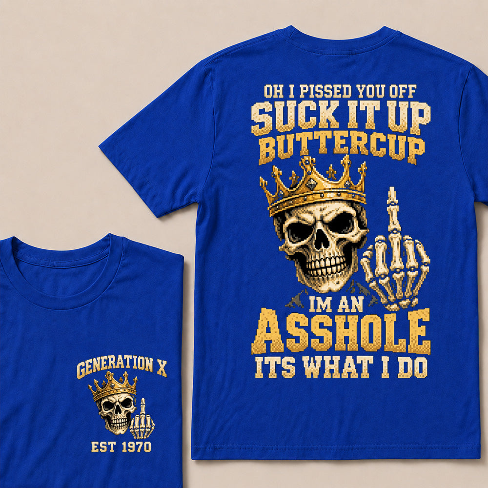 Retro Pixel Gold Crown Skull T-Shirt | "Suck It Up Buttercup" Sarcastic Gen X Tee