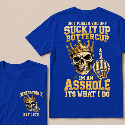 Retro Pixel Gold Crown Skull T-Shirt | "Suck It Up Buttercup" Sarcastic Gen X Tee