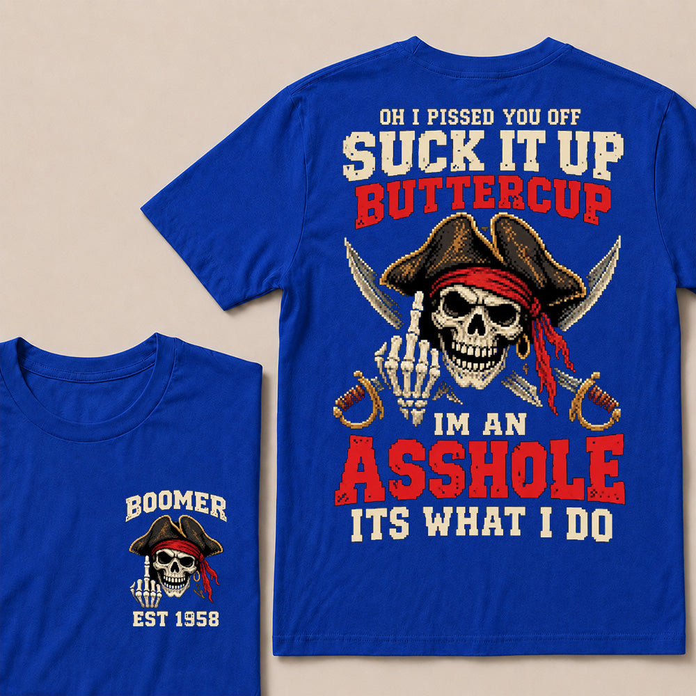 Retro Pixel Pirate Skull T-Shirt | Crossed Cutlasses & Red Bandana "Suck It Up" Graphic Tee