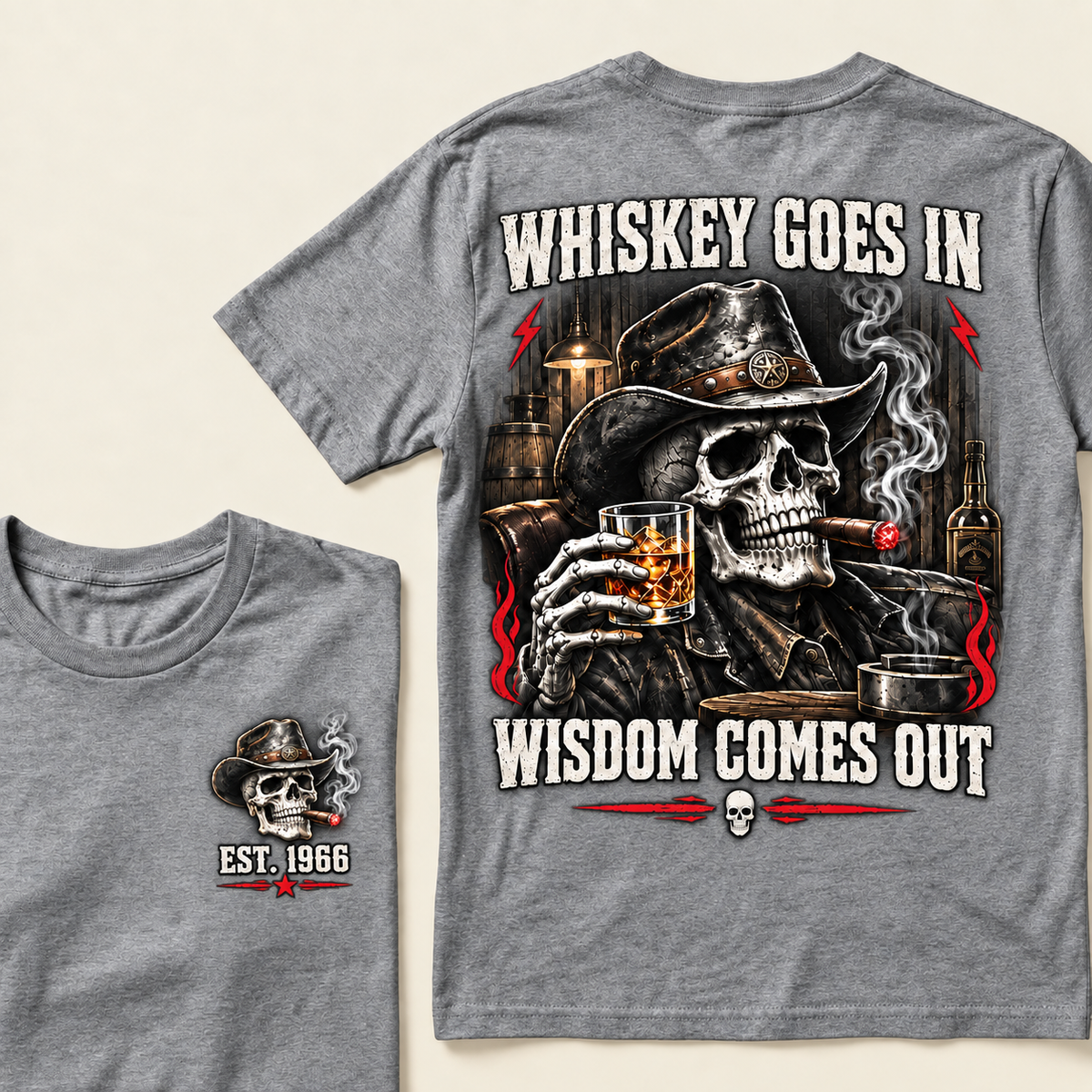 "Whiskey Goes In, Wisdom Comes Out" – EST.1966 Cowboy Skull Graphic Tee, Retro Western Whiskey & Cigar Shirt for Men