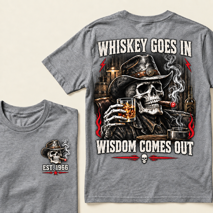 "Whiskey Goes In, Wisdom Comes Out" – EST.1966 Cowboy Skull Graphic Tee, Retro Western Whiskey & Cigar Shirt for Men