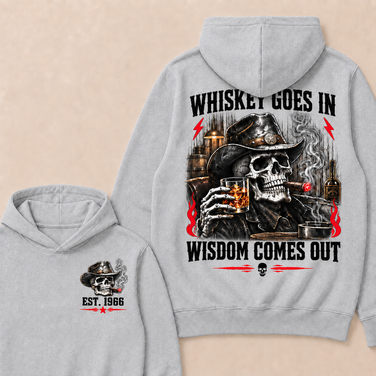 "Whiskey Goes In, Wisdom Comes Out"–Custom EST.Year Cowboy Skull & Cigar Hoodie