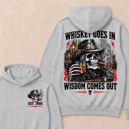 "Whiskey Goes In, Wisdom Comes Out"–Custom EST.Year Cowboy Skull & Cigar Hoodie