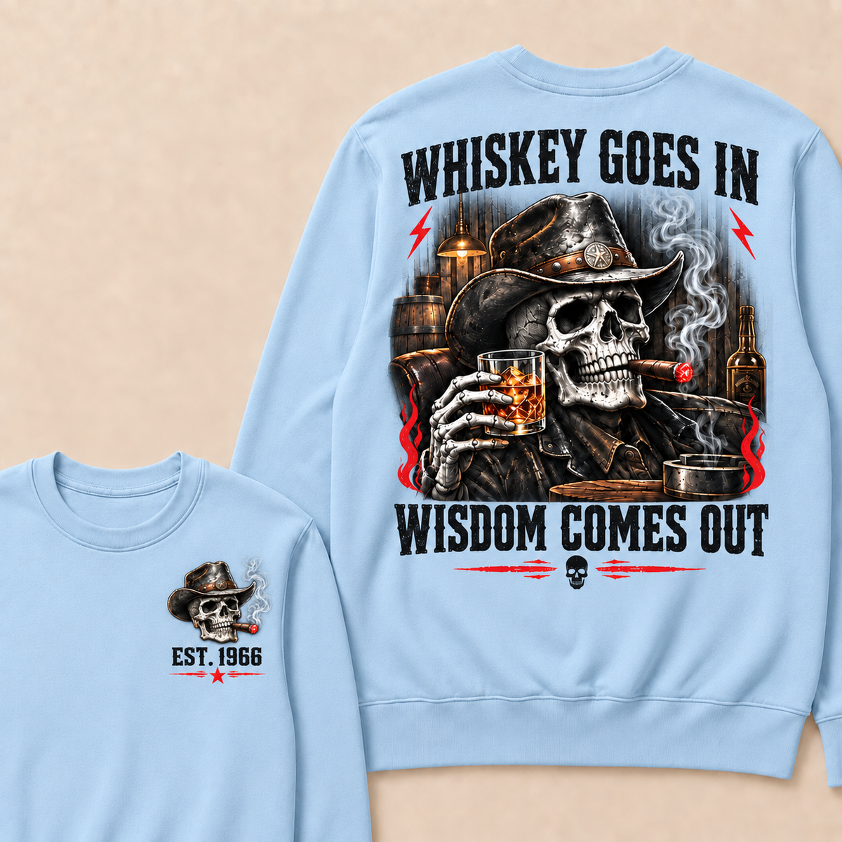 "Whiskey Goes In, Wisdom Comes Out" – Cowboy Skull Graphic Sweatshirt