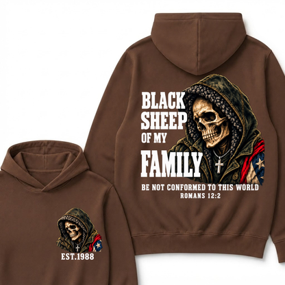 Black Sheep Of My Family Romans 12:2 Bible Verse Skull Hooded EAT.Year Hoodie, Christian Patriotic Hoodie