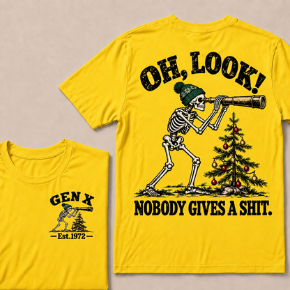 Oh Look! Nobody Gives a Shit – Gen X Custom EST. Year Skeleton, Telescope & Christmas Tree T-Shirt