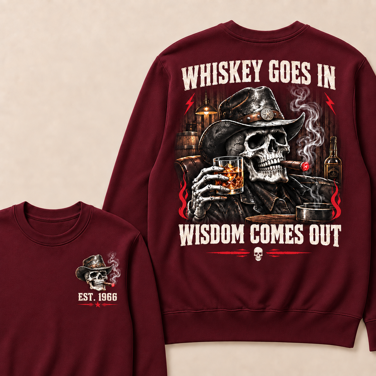 "Whiskey Goes In, Wisdom Comes Out" – Cowboy Skull Graphic Sweatshirt
