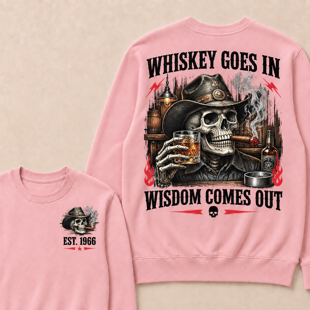 "Whiskey Goes In, Wisdom Comes Out" – Cowboy Skull Graphic Sweatshirt