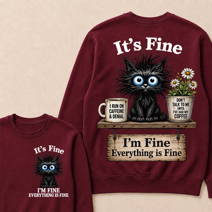 "It's Fine, I'm Fine, Everything Is Fine" Black Cat V-Neck T-Shirt | Caffeine & Denial Crewneck