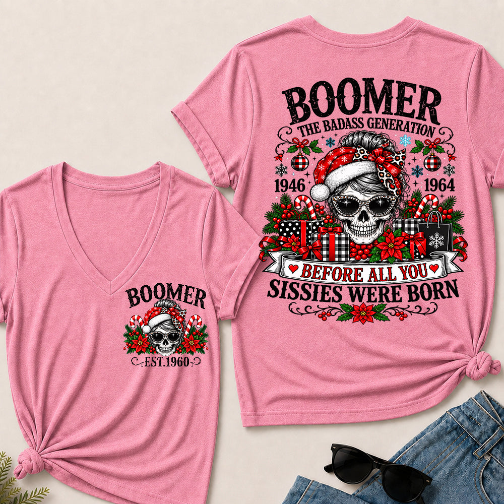 Boomer The Badass Generation – Christmas Leopard Skull Women's V-Neck T-Shirt