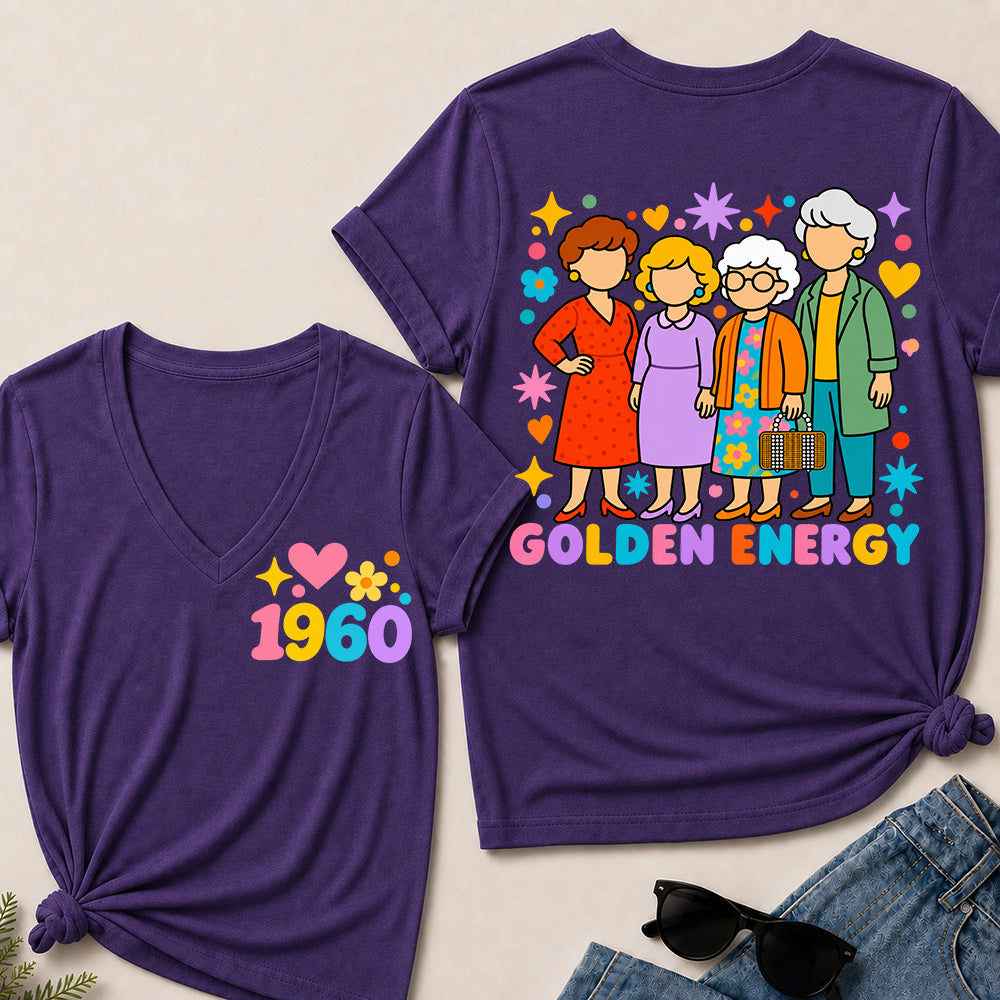 Golden Energy – Custom Birth Year Colorful Ladies Women’s V-Neck T-Shirt