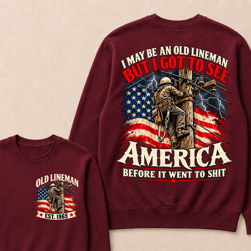 Funny Old Lineman American Flag Crewneck, Vintage Electrician Lineman Gift, Patriotic USA Powerline Worker Tee, Retro 1965 Lineman Crewneck