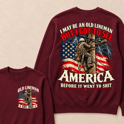Funny Old Lineman American Flag Crewneck, Vintage Electrician Lineman Gift, Patriotic USA Powerline Worker Tee, Retro 1965 Lineman Crewneck