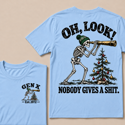 Oh Look! Nobody Gives a Shit – Gen X Custom EST. Year Skeleton, Telescope & Christmas Tree T-Shirt