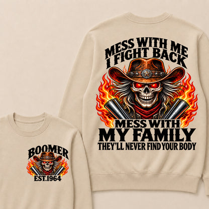 Mess With Me I Fight Back Custom Year Boomer EST.Year Cowboy Skull Sweatshirt