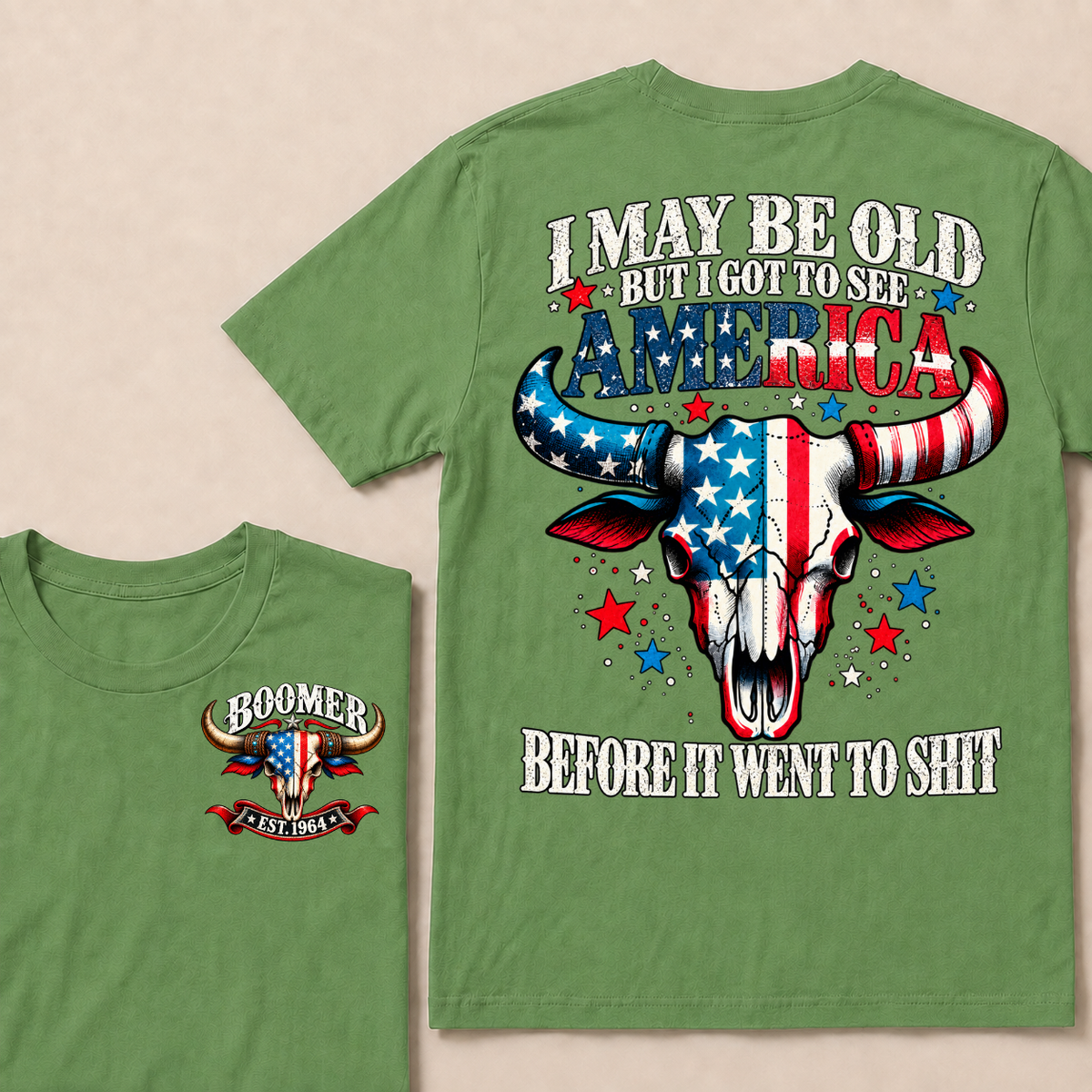 I May Be Old But I Got To See America Before It Went To Shit EST.Year Vintage Patriotic Longhorn Skull Graphic Tee