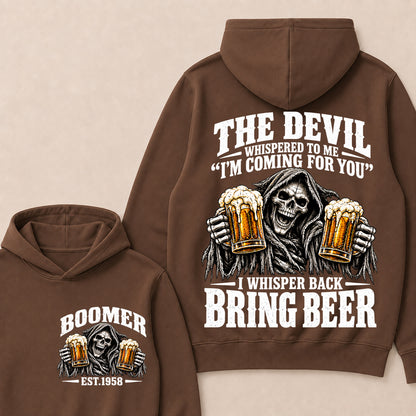 The Devil Whispered To Me I'm Coming For You I Whisper Back Bring Beer EST.Year Vintage Skull Beer Graphic Hoodie