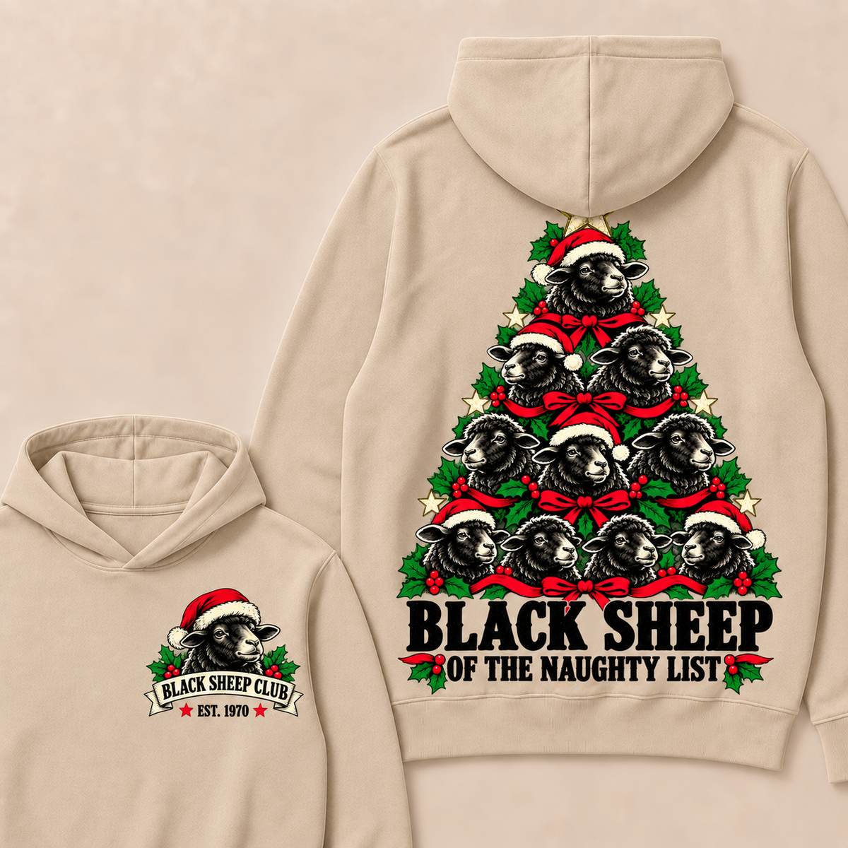 Black Sheep of the Naughty List – Custom EST. Year Black Sheep Christmas Tree Hoodie