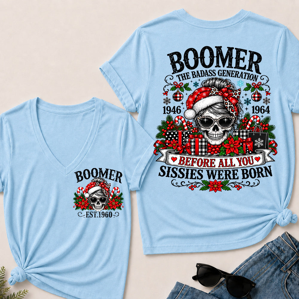 Boomer The Badass Generation – Christmas Leopard Skull Women's V-Neck T-Shirt