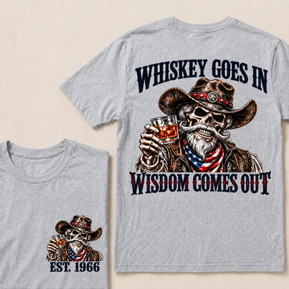 Whiskey Goes In Wisdom Comes Out – Custom EST.Year Vintage Whiskey Cowboy Skull T-Shirt