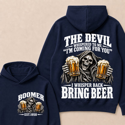 The Devil Whispered To Me I'm Coming For You I Whisper Back Bring Beer EST.Year Vintage Skull Beer Graphic Hoodie